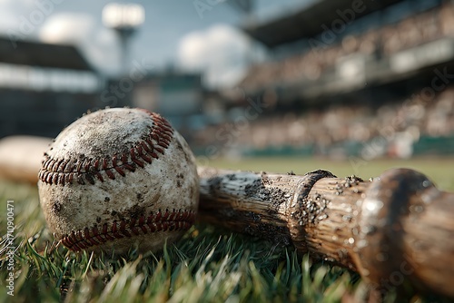 Wooden bat with weathered baseball gear high resolution picture
