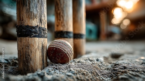 Wooden stumps with cricket ball close up high resolution picture