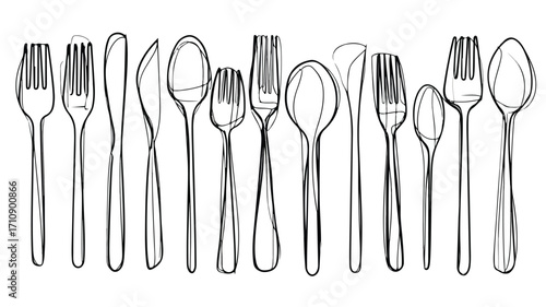 Modern Vector Line Drawing of Plastic Utensils Outline for Professional Designs