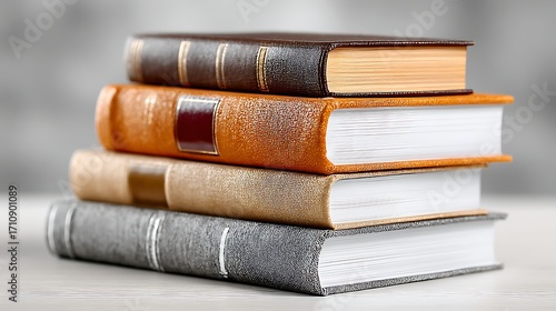 Assorted hardcover books neatly arranged stack high resolution Images