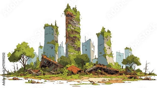 Dramatic Post-Apocalyptic Skyline with Ruined Tall Skyscrapers