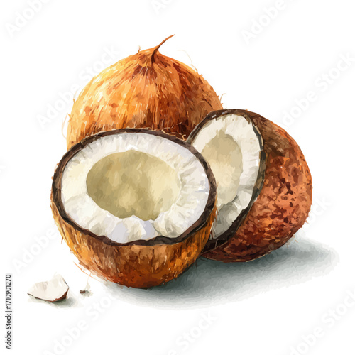 Coconut in watercolor style, vector illustration, isolated on white background.