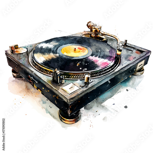 DJ Turntable in watercolor style, vector illustration, isolated on white background.
