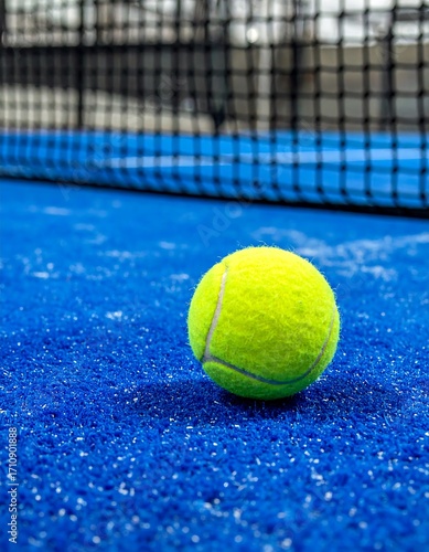 A vibrant yellow tennis ball rests on a bright blue court surface, with a blurry background of a net.