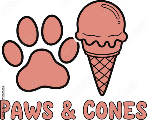 Paws and Cones – Pet-Friendly Ice Cream Logo with Paw Print and Cartoon Cone, Fun Vector Design