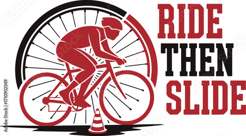 Ride Then Slide – Dynamic Cycling Illustration with Traffic Cone and Speed Motion, Red and Orange Vector Design