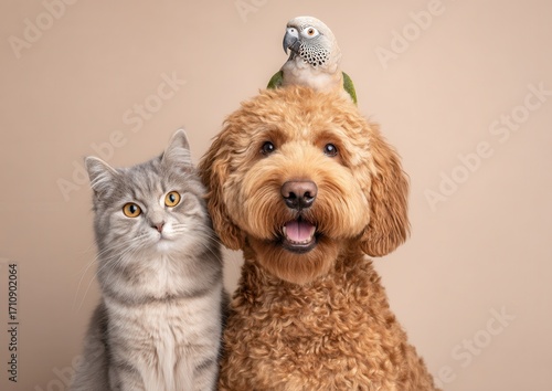 Minimalist Christmas pet portrait with dog, cats and parrot in festive composition, beige background with golden confetti, veterinary and pet shop concept for mailing greetings and commercials