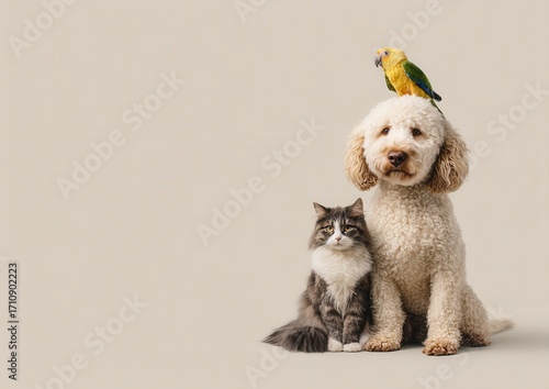 Minimalist Christmas pet portrait with dog, cats and parrot in festive composition, beige background with golden confetti, veterinary and pet shop concept for mailing greetings and commercials