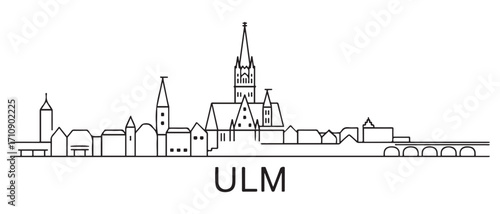 Ulm Line Art skyline horizontal banner. Black and white silhouette of Ulm, Germany. with white background
