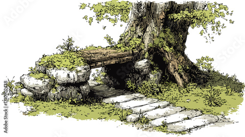Tranquil Rustic Moss Covered Walkway in Bark Shaded Alcove