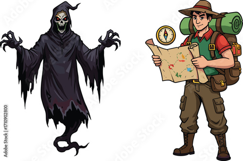 Ghostly reaper with glowing green eyes beside jungle explorer holding treasure map and compass, genre contrast, mystery, adventure, quest, danger