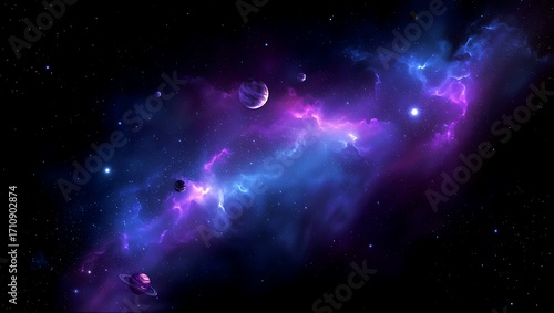 Fototapeta Naklejka Na Ścianę i Meble -  Mystical space scene with vibrant nebula and planets illustration