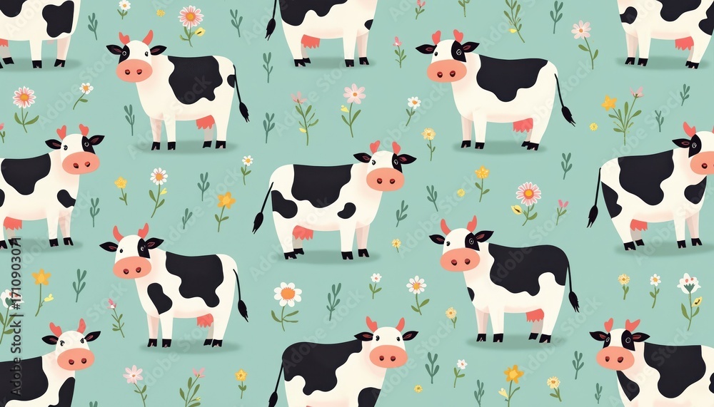 Obraz premium Cute cartoon cows form seamless pattern on light blue-green background. Black, white spotted cattle stand among colorful flowers, green leaves. Funny farm animal pattern for kids textile, nursery,