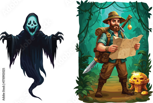Ghostly reaper with glowing skull beside jungle explorer reading treasure map, genre contrast, mystery, adventure, fantasy, expedition, discovery, danger
