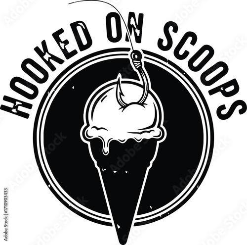 Hooked on Scoops Logo – Fishing Hook in Ice Cream Cone, Bold Black and White Dessert Branding Design