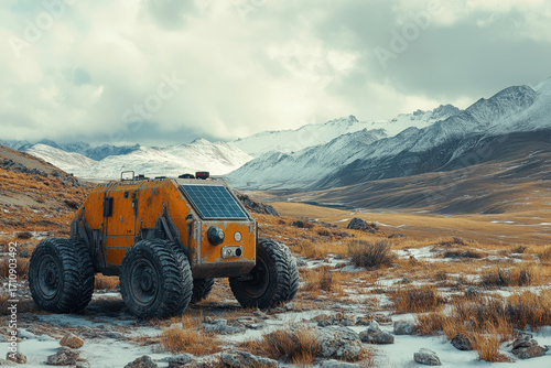 Large orange truck parked in field.