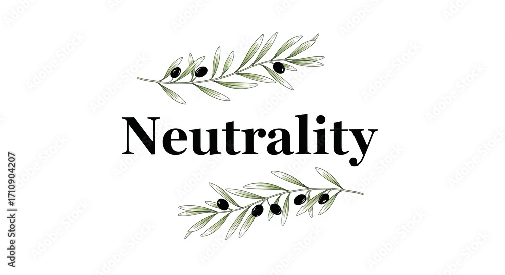 Obraz premium Minimal poster with the word “Neutrality” in bold typography surrounded by olive branches