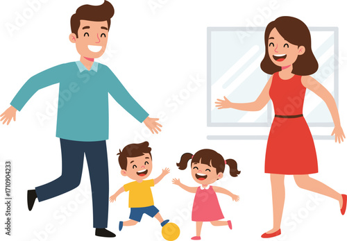 Happy cartoon family playing indoors, parents bonding with kids, joyful childhood moment, home activity, parenting, love, laughter, connection, togetherness, care