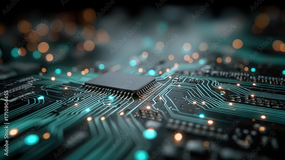 Obraz premium Cyber Monday circuit-board abstract: macro shallow depth of field on generic PCB lines (no brands), cyan-teal luminescence, futuristic haze, large copy area, clean and commercial 