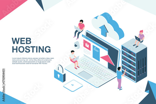 Web hosting services, cloud computing, server management, website hosting, data storage, online security, digital infrastructure, isometric design, tech illustration, hosting solution