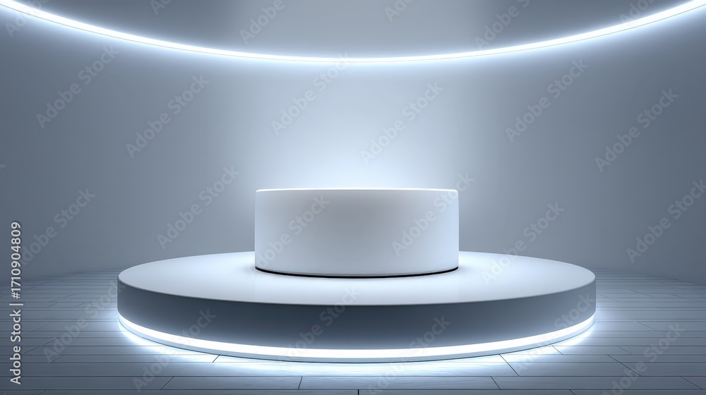 Fototapeta premium Cyber Monday minimal tech podium: soft white cyclorama, floating generic device silhouette glow, cool rim light, ample whitespace, ad-neutral
