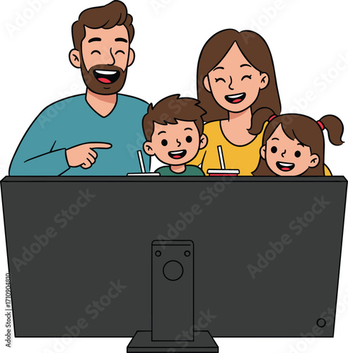 Happy cartoon family watching TV together, parents and children bonding, cozy living room, leisure time, emotional warmth, joy, love, illustration