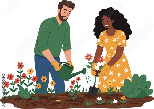 Happy couple gardening together, planting flowers, watering plants, teamwork outdoors, spring garden, lifestyle activity, nature care, bonding, family moment