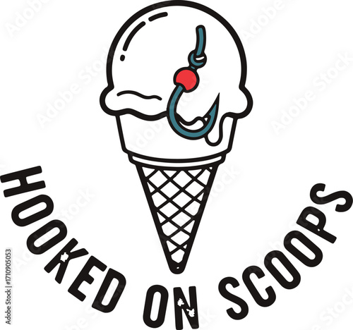 Hooked on Scoops – Funny Ice Cream Cone Illustration with Fishing Hook and Bobber, Playful Dessert Design