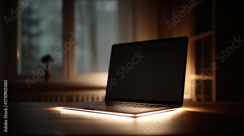 Cyber promo minimal device glow: silhouette glow of generic laptop and earbuds, cool ambient light, negative space right 