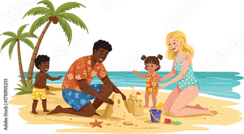 Happy family building sandcastle, tropical beach vacation, kids playing, parents bonding, summer fun, ocean view, outdoor activity, travel, joy, togetherness