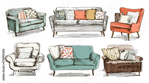 Hand Drawn Decorative Sofas and Furniture Collection for Interior Design Projects