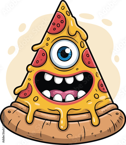 Funny cartoon pizza slice with one big eye, smiling face, melted cheese, pepperoni toppings, playful monster character, vector illustration