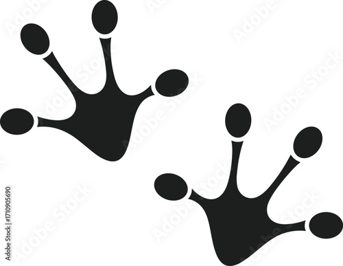 Black silhouette of two frog footprints with rounded toes, detailed vector illustration of an amphibian's tracks on a white background, isolated