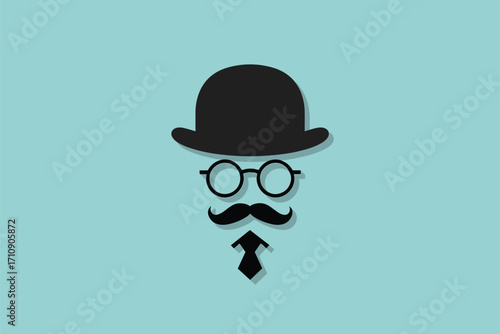 Man in Black Bowler Hat with Mustache, Glasses, and Bow Tie Vector Illustration for Gentlemanly, Classic, and Vintage Design and Style