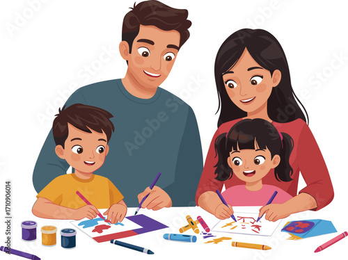 Happy family doing arts and crafts at home, kids drawing with parents, creative bonding time, colorful supplies, joyful learning activity