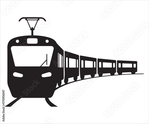 Modern passenger train silhouette with multiple carriages on railway track isolated on white background, transportation vector illustration, subway metro locomotive graphic, public transit travel desi