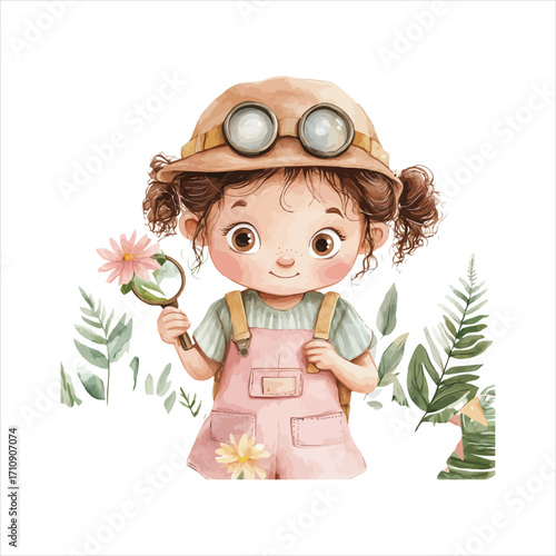 Little Girl Explorer with Magnifying Glass and Flower Amidst Greenery child adventurer