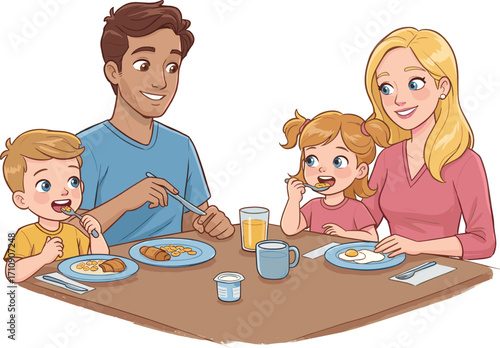 Happy family enjoying breakfast, parents and kids smiling, sharing morning meal, bonding, togetherness, joy, warmth, indoors, snacks
