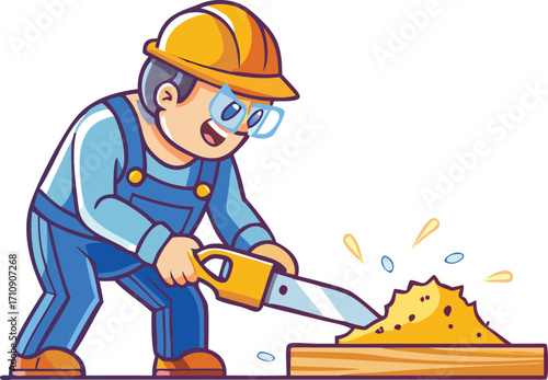 Smiling handyman in a hard hat holding a shovel