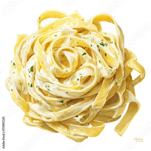 Watercolor vector illustration of Fettuccine Alfredo, isolated on white background.