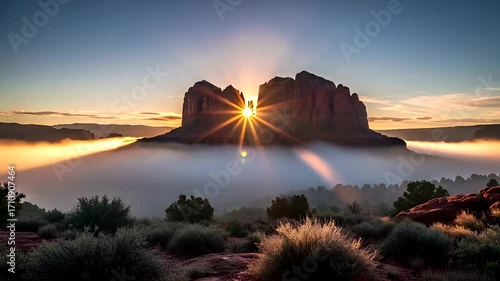 Majestic Sunrise at Cathedral Rock, Sedona with Mystical Fog Rolling Through Landscape