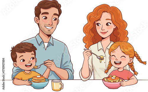 Happy family enjoying pancake breakfast, parents and kids smiling, sharing meal, bonding, morning delight, warmth, togetherness, indoors, joyful lifestyle