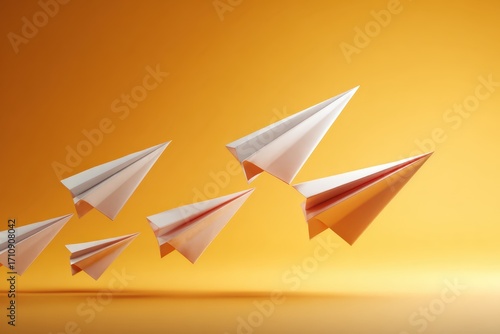 Playful business metaphor: paper planes morphing into digital arrows mid-flight, shallow depth, warm side light, concept of growth and transition, clean gradient background 