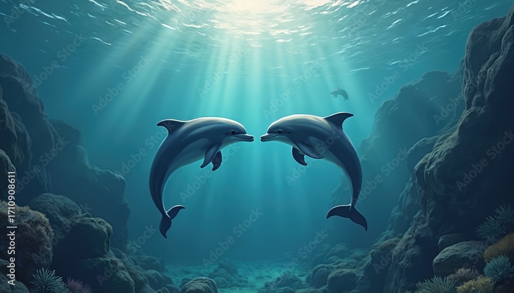 Fototapeta premium Two dolphins swim underwater near coral reef and rocks. Sun rays shine through ocean surface illuminating sea life. One dolphin looks at another. Marine biology underwater scene.