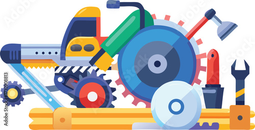 A colorful plastic toy train, a red and yellow vehicle, is isolated on a white background