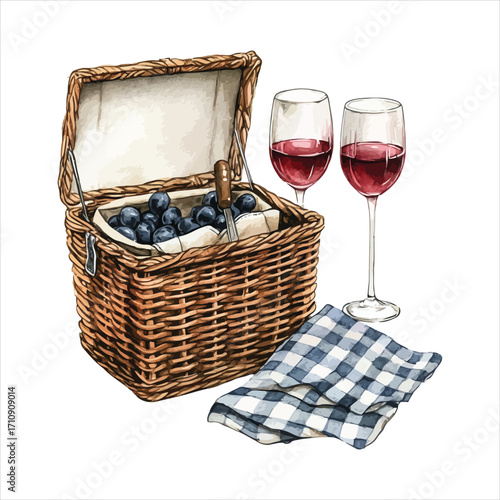 Open picnic basket with grapes and two glasses of red wine wicker woven