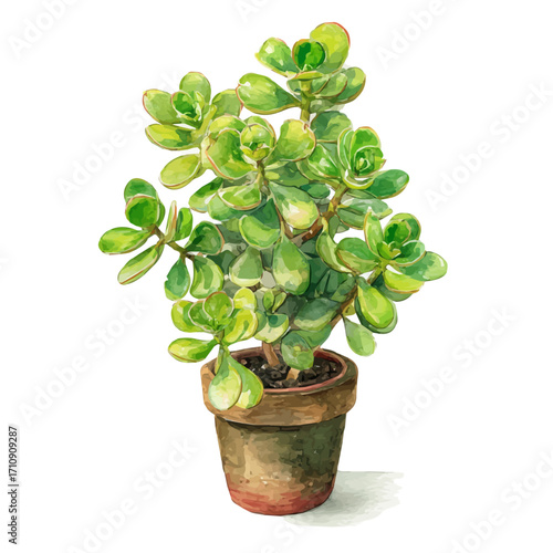 Jade Plant in watercolor style, vector illustration, isolated on white background.
