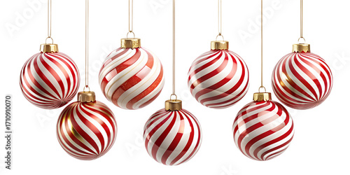 Seven red and white striped christmas ornaments hanging isolated on transparent background, festive and decorative