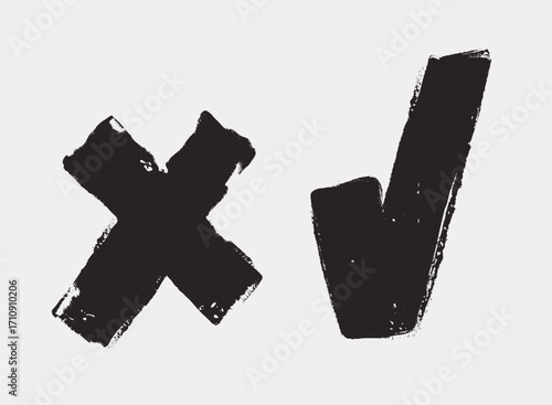 Cartoon vector illustration of check and cross symbols as a metaphor for choice and decision making