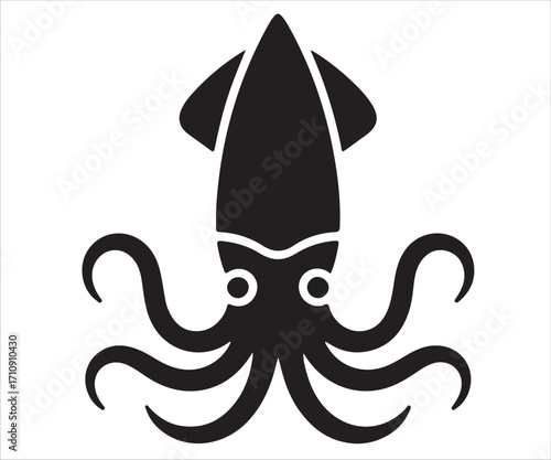 Black squid silhouette with long tentacles isolated on white background, marine animal vector icon for seafood, ocean wildlife, underwater creatures, aquatic life design, nautical symbol illustration